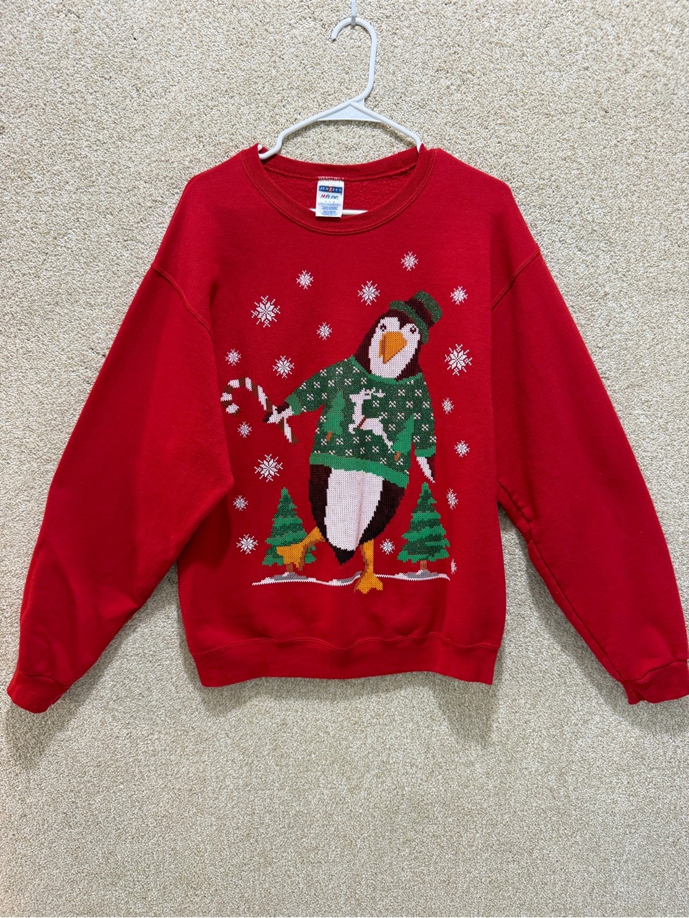 Ugly Christmas sweater penguin winter holiday office party cotton blend Flawed